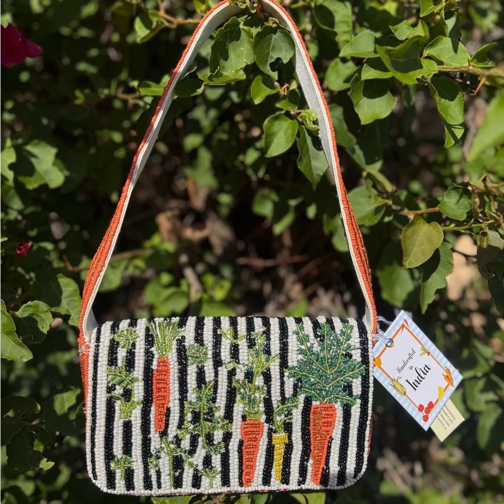 NWT Made in India Carrots Carrot Cake Black White Striped Beaded Shoulder Bag